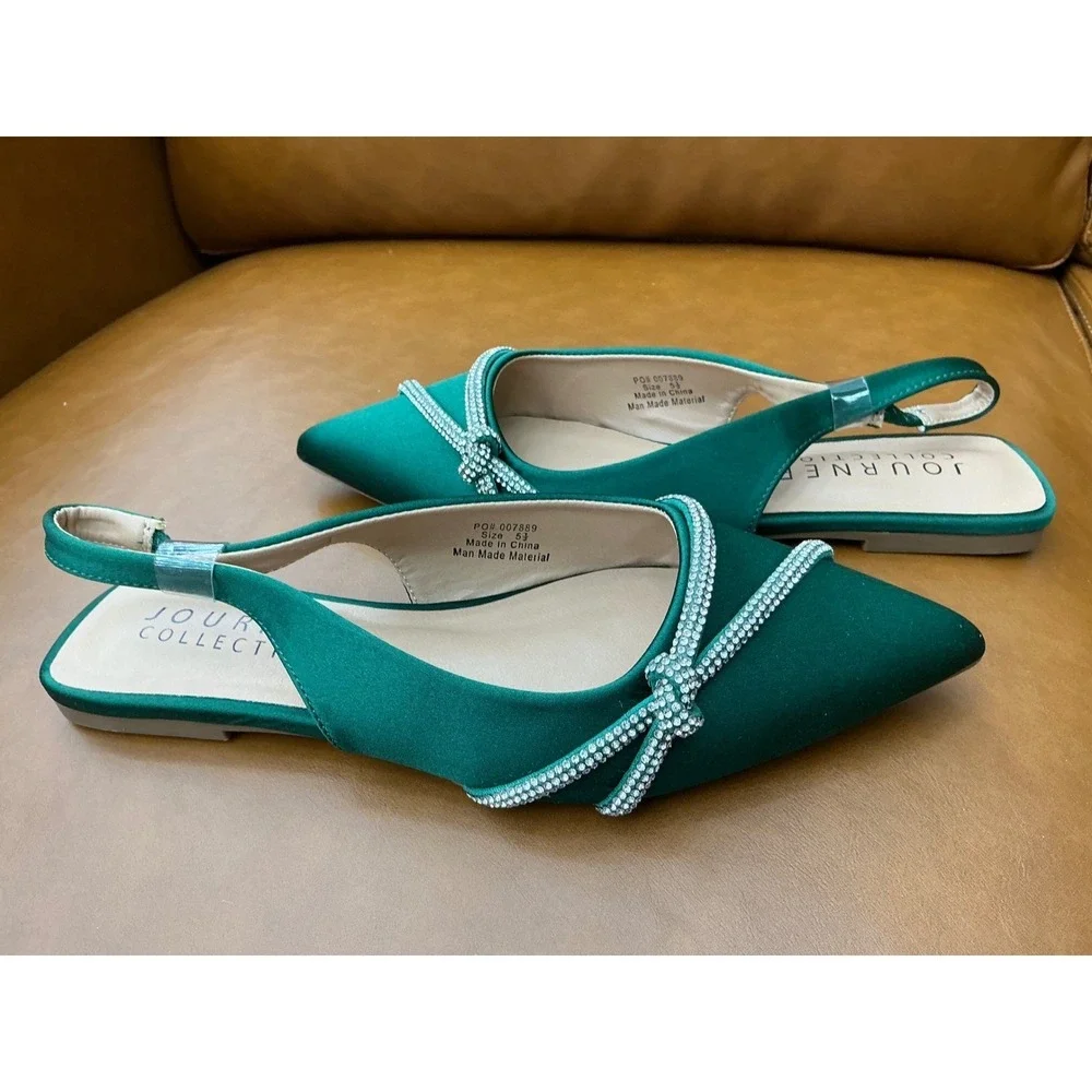 Journee Collection Rebbel Slingback Flats Womens‎ 5.5 Green Excellent Rhinestone